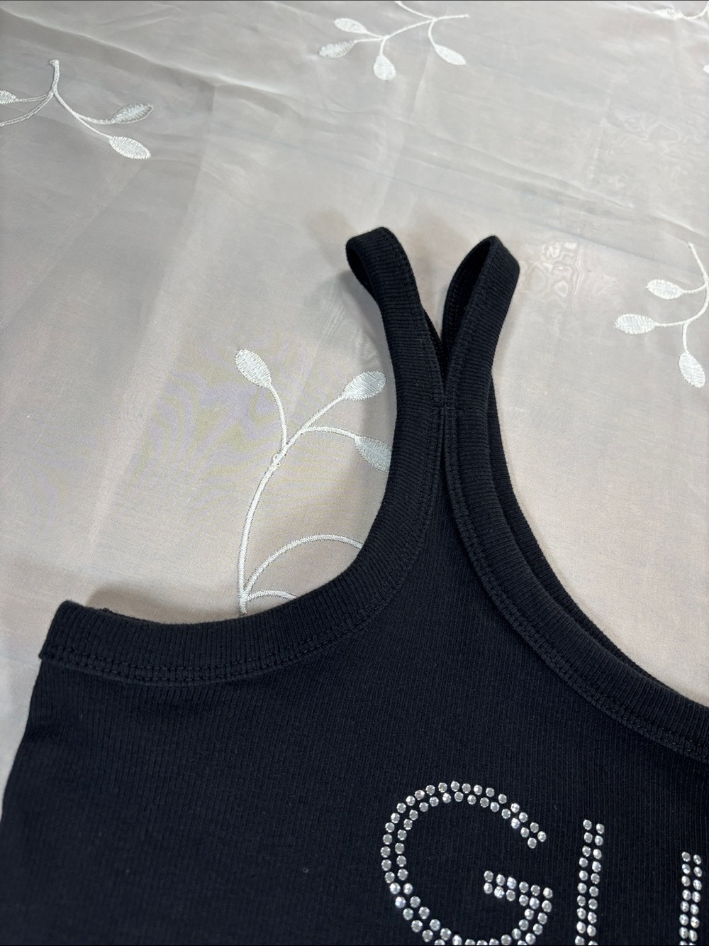 GUESS Black Tank Top with Rhinestone Logo Size Large - Picture 3 of 10